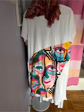 White 100% Cotton with Faces Detail Dress